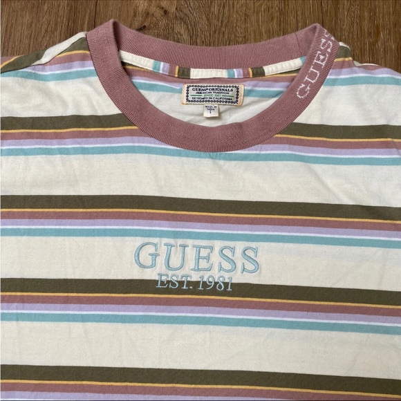 VINTAGE Guess Shirt Adult X-Large Blue Pink Stripes Spell Out Logo ASAP Mens 90s - Picture 4 of 5